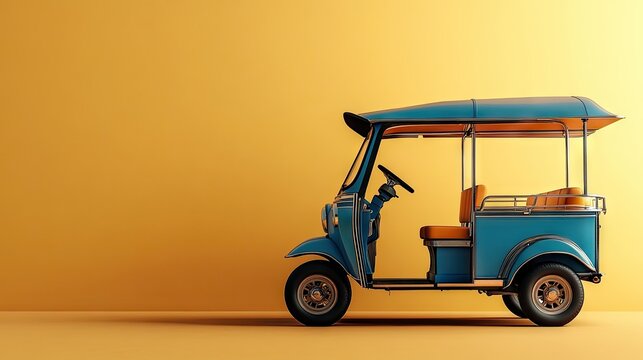 Side view of a tuk tuk with a neutral background, providing ample space on the left for text or promotional material.