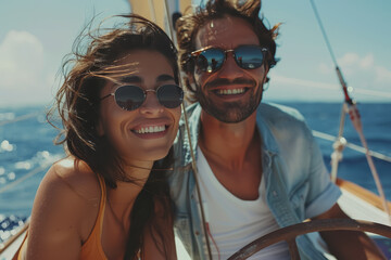 Smiling young mixed race couple enjoying sailboat ride on sunny summer day.