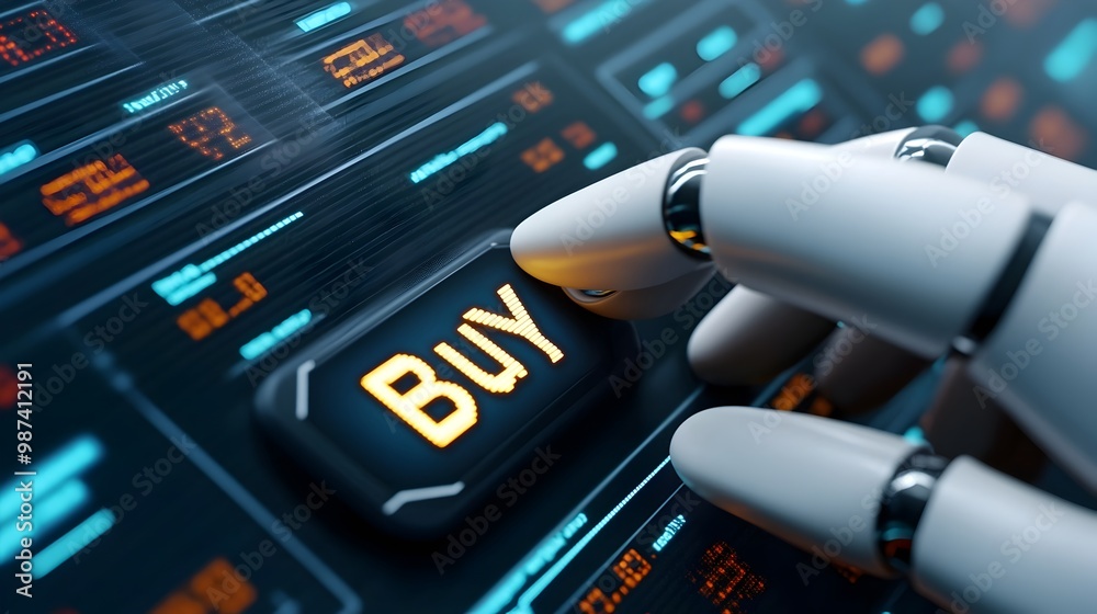 Futuristic robot hand pressing a digital trading buy button on a modern ...