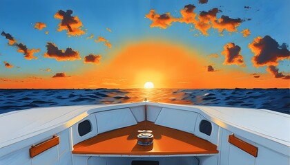 Vibrant pop art depicting a white center console boat against an orange sunrise and blue water backdrop