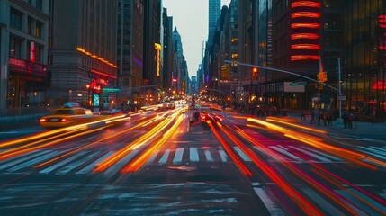 Poster - A time-lapse shot showing the progression of traffic lights changing colors in a busy city square, emphasizing the rhythm of city movement