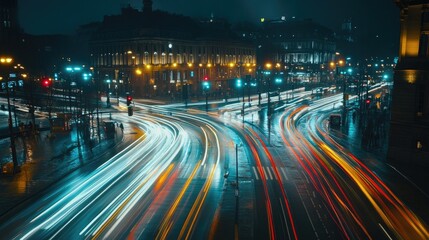 Poster - A time-lapse shot showing the progression of traffic lights changing colors in a busy city square, emphasizing the rhythm of city movement