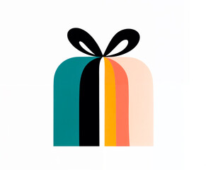 Minimalist abstract gift illustration with bold multicolored stripes and ribbon, ideal for modern celebrations and holidays..