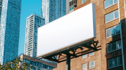 blank billboard stands prominently against backdrop of modern skyscrapers, showcasing urban landscape. clear blue sky adds to vibrant city atmosphere