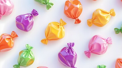 Poster - Glossy and Vibrant Candy Wrappers Artfully Arranged on a White Flat Surface 3D Rendered for Product Packaging or Confectionery Design