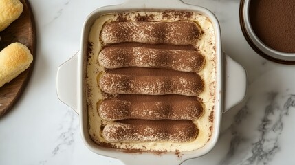 Top view of a classic tiramisu dessert with layers of coffee-soaked ladyfingers and mascarpone cream, garnished with cocoa powder.