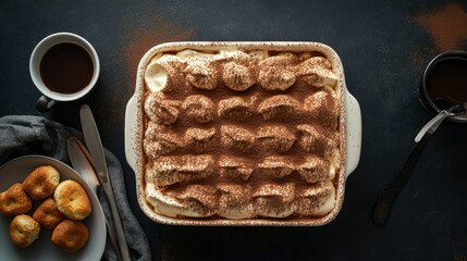 Top view of a classic tiramisu dessert with layers of coffee-soaked ladyfingers and mascarpone cream, garnished with cocoa powder.