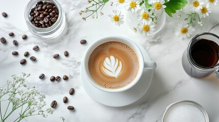 Top view of a coffee cup with a glass of water, placed on a white marble table with coffee beans, a small flower vase, and a sugar jar. -