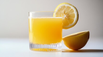 Poster - A refreshing lemon juice cocktail with a slice of lemon on the rim of the glass, set on a white background to emphasize the vibrant, citrus flavor
