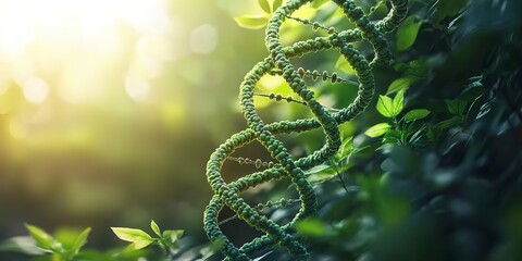 Wall Mural - green plant intertwined with a dna helix, illustrating the concept of green biotechnology and synthe