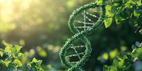 Green plant intertwined with a DNA helix, illustrating the concept of green biotechnology and synthetic biology advancements photo