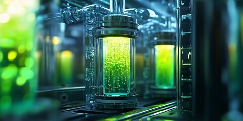 Canvas Print - Futuristic bioreactor with glowing liquid culture, symbolizing industrial biotechnology