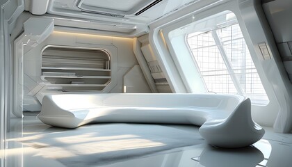 Futuristic Modern Interior: Abstract 3D White Architecture with Glossy Surfaces and Dynamic Lighting