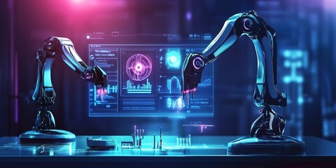 Poster - future robotic arms performing automated medical health care operation for future precision surgical robot and remote control hospital equipment as wide banner design with information hologram