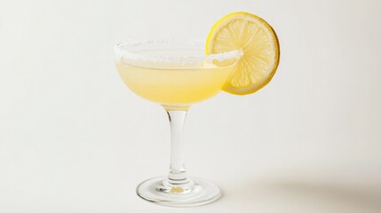 Poster - A refreshing lemon juice cocktail with a slice of lemon on the rim of the glass, set on a white background to emphasize the vibrant, citrus flavor