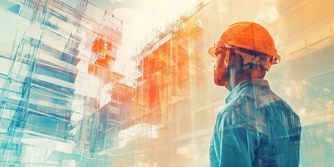 future building construction engineering project with double exposure graphic design building engineers architects and construction workers who use advanced civil equipment technologies stock photo 