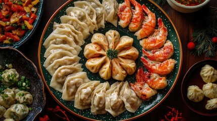 A vibrant shot of a platter featuring assorted dumplings, including shrimp and vegetable options, beautifully arranged for a festive celebration