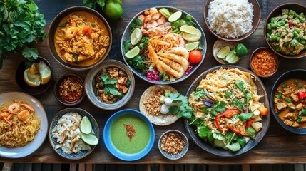 a vibrant spread of classic thai dishes, including pad thai, green curry, and tom yum soup, beautifu