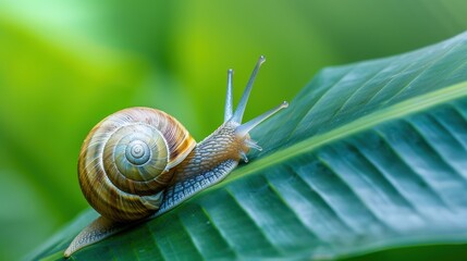 Snail on a green leaf