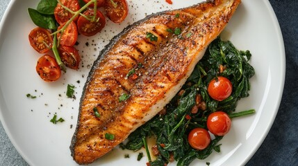 Wall Mural - Top view of a grilled fish fillet with a smoky glaze, served with a side of saut spinach and cherry tomatoes on a white plate.