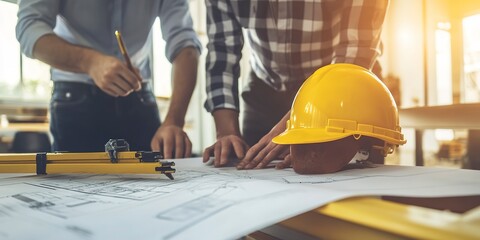 Poster - engineer and an architect reviewing blueprints and construction plans together at a bustling construction site 