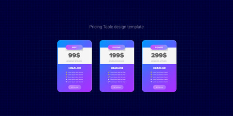 price table concept vector design template. pricing or subscription plan ui web elements. website ma