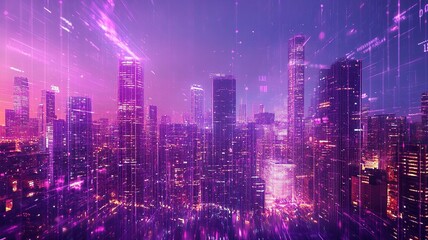 Creative glowing purple night city wallpaper with digital data lines all over. Smart city, VR, AI and innovation concept. generative ai