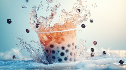 A whimsical image of bubble tea spilling out of a cup, with pearls and ice flying, capturing the fun and playful nature of enjoying this treat.