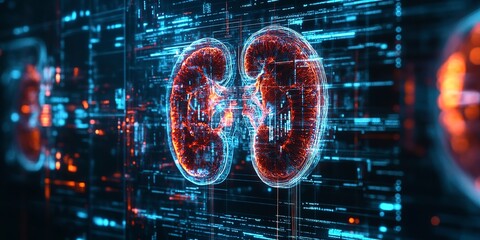 Poster - Dark 3d futuristic model of human kidneys, nephrology healthcare concept. Scientific researches and data.