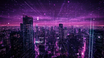 Creative glowing purple night city wallpaper with digital data lines all over. Smart city, VR, AI and innovation concept. generative ai