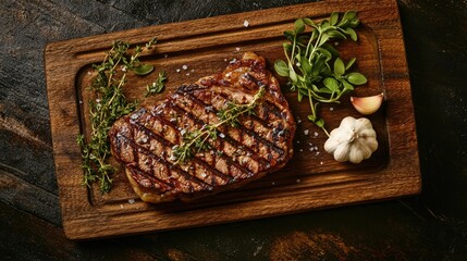 Wall Mural - Top view of a perfectly grilled steak on a wooden board, garnished with herbs and garlic, with ample copy space around the dish.