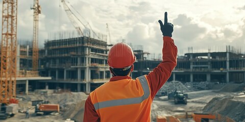 Poster - Construction engineer showing the victory sign at construction site 