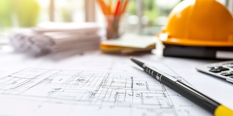 Wall Mural - Close-up of a construction estimator's desk with project blueprints and cost estimates, showcasing a job in construction estimation  