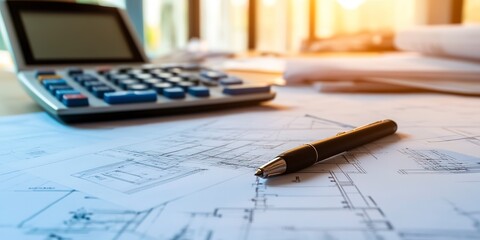 Poster - Close-up of a construction estimator's desk with project blueprints and cost estimates, showcasing a job in construction estimation  