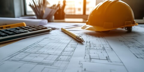 Poster - Close-up of a construction estimator's desk with project blueprints and cost estimates, showcasing a job in construction estimation 