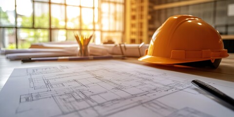Poster - Close-up of a civil engineer's desk with blueprints and construction plans, illustrating a job in civil engineering 