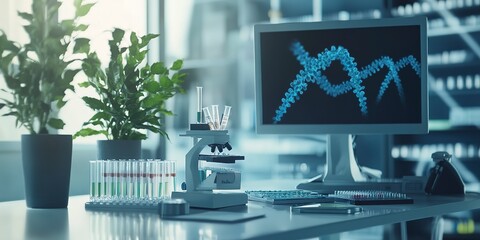 Poster - Close-up of a biotechnologist's desk with lab equipment and genetic samples, representing a job in biotechnology  