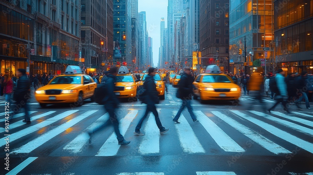 Busy New York City street with people crossing, motion blur of cars and ...