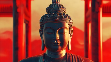 Majestic 3D rendered of a crowned Buddha statue in ornate royal attire displaying a serene and contemplative facial expression