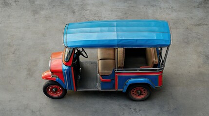 Wall Mural - Top view of a tuk tuk with its distinctive features, set against a neutral background, creating ample space for copy or logos.