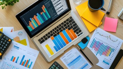 Poster - An overhead view of a financial analyst desk, featuring a laptop with colorful graphs, financial reports, and a calculator, illustrating the analytical process.