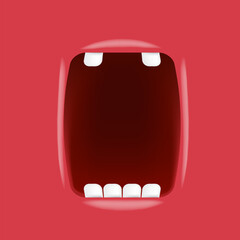 Wall Mural - Vector Cartoon wide open mouth isolated on green background. Funny and cute Halloween green Monster open mouth with big white teeth and red tongue