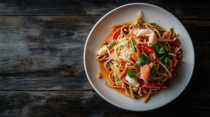 Top view of Som Tum papaya salad with crab, on a white plate, placed on a dark wooden table with room for text or branding.