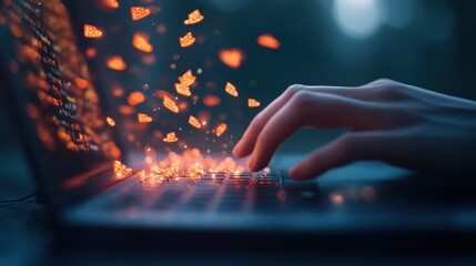 Poster - A close up of a hand typing on a keyboard, with a glowing chat window showing animated text messages.