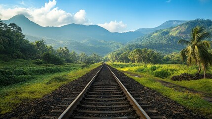 Poster - A scenic view of railway tracks stretching into the distance, surrounded by lush green landscapes and mountains, capturing a sense of journey and adventure.