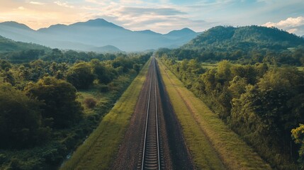 Poster - A scenic view of railway tracks stretching into the distance, surrounded by lush green landscapes and mountains, capturing a sense of journey and adventure.