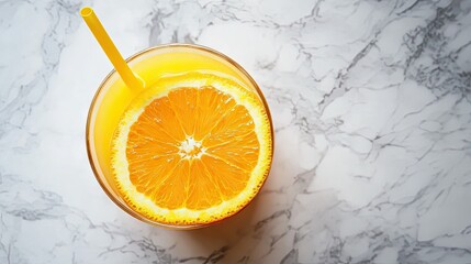 Top-down view of a refreshing orange juice cocktail with a slice of orange and a straw, served on a marble countertop.