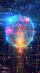 Wall Mural - A colorful, glowing brain with many wires and circuits surrounding it