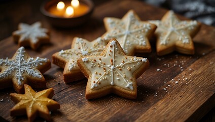 Star-shaped cookies beautifully arranged on a wooden board for festive gatherings.