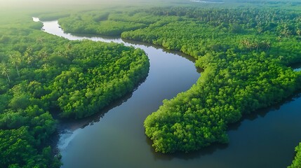 Canvas Print - Aerial View of a Winding River Through Lush Green Mangrove Forest